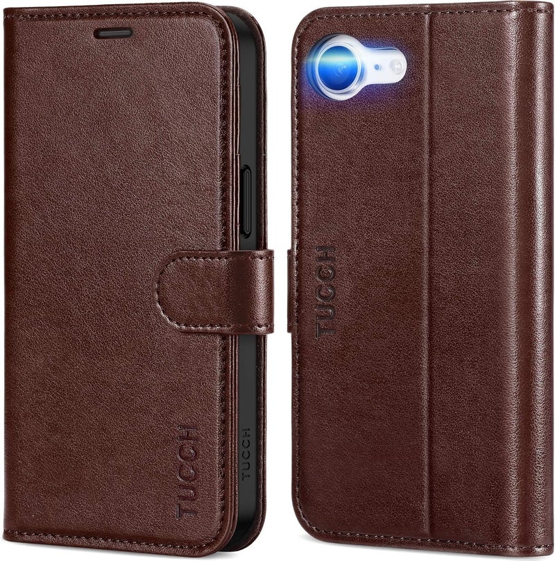 TUCCH Case Wallet for iPhone 16e, Magnetic PU Leather Kickstand Flip Cover with 4 Card Slot Shockproof TPU Interior Shell, [RFID Blocking] Folio Compatible with iPhone 16e, Chocolate Brown - Image 1